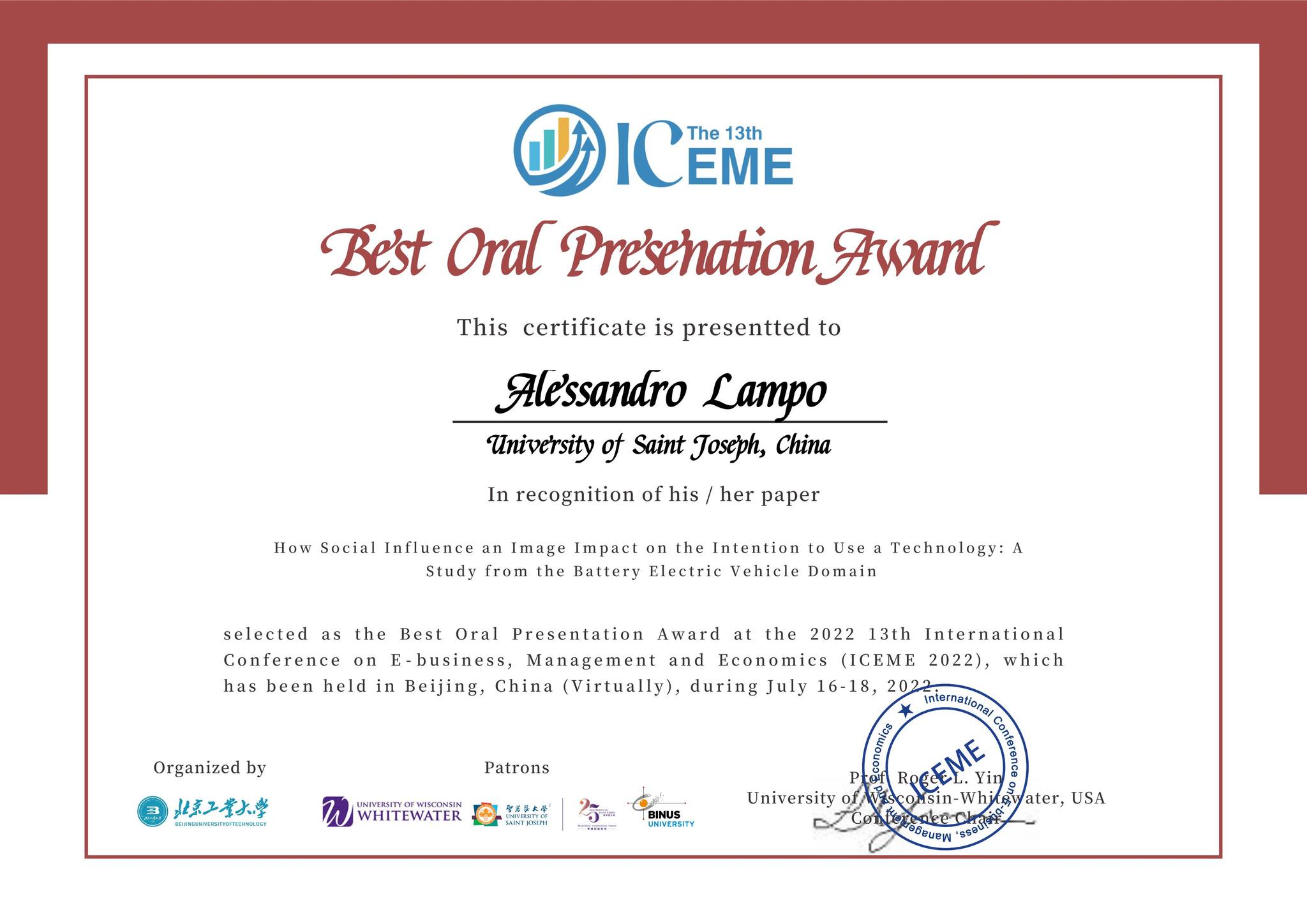 best oral presentation certificate